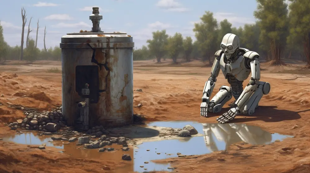 AI-genererad bild av Midjourney. Prompt "realistic, robot drinking water from a poisoned well, dead robots on the ground"