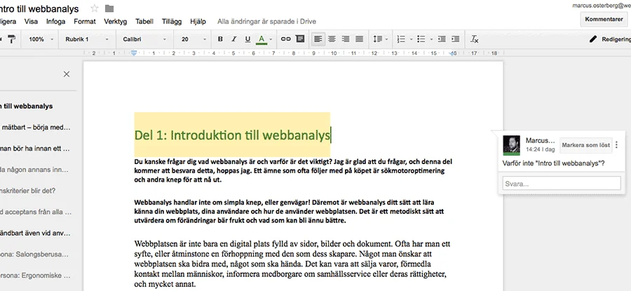 En kommentar på Google Docs