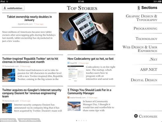 Zite som app till Ipad ger en bra magasinkänsla över informationen