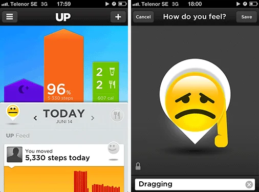 Startskärm och självskattning i Jawbone UPs app