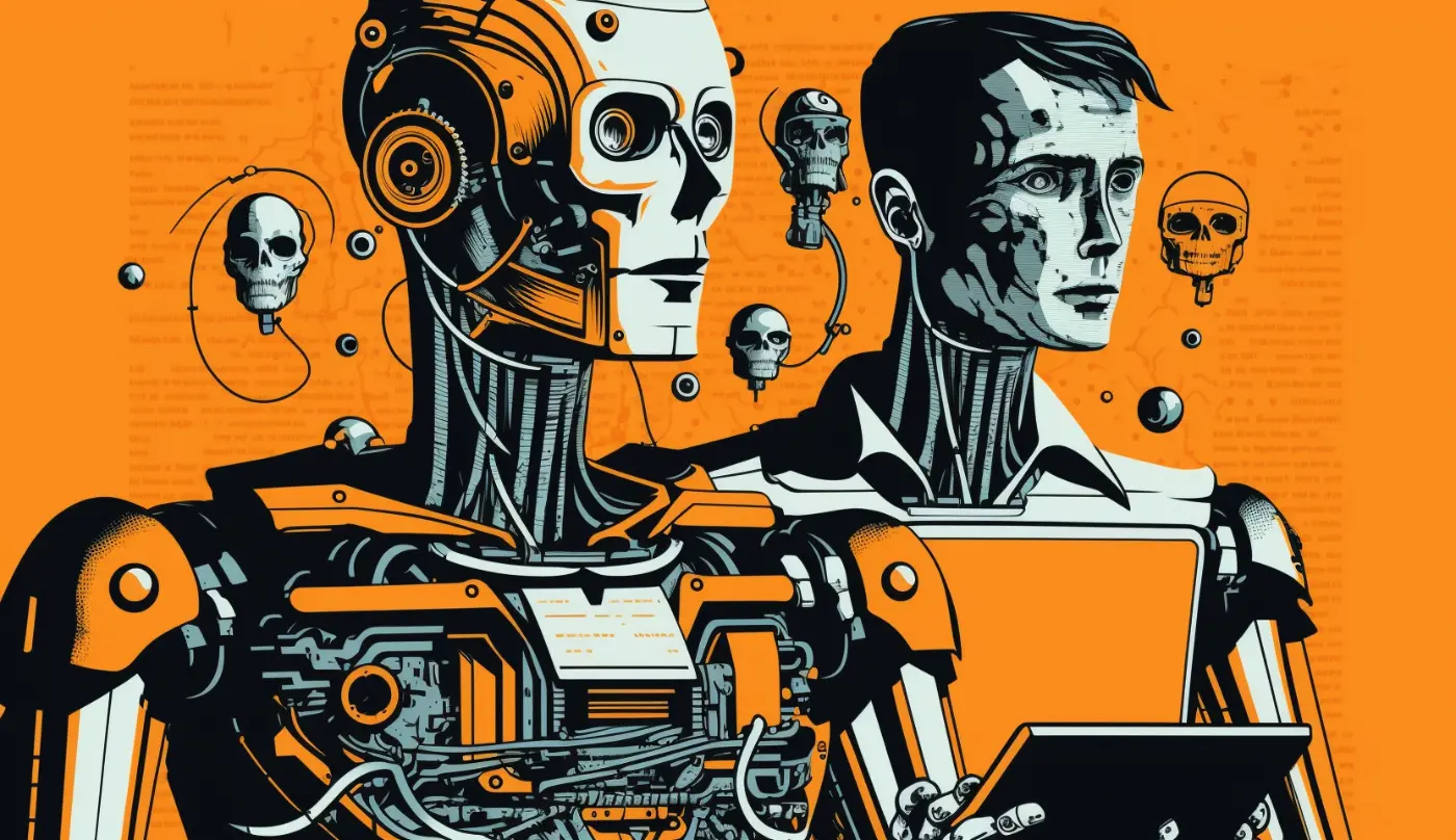 Absurd bild skapad av Midjourney. Föreställer en robot som samarbetar med en människa.