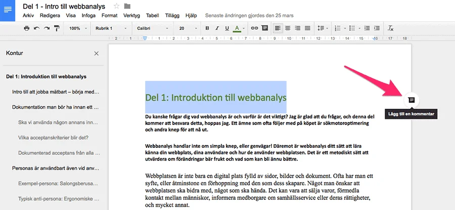 Skriva kommentar på Google Docs