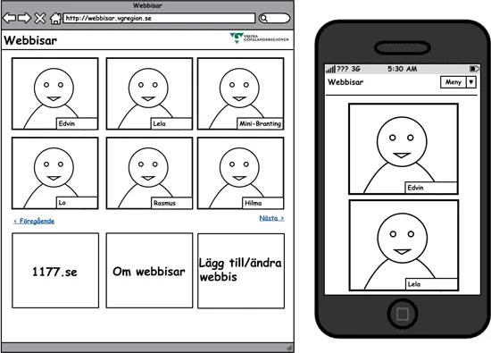 Wireframe på hur webbisar skulle kunna se ut